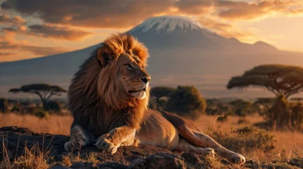 Samtvorhänge Kilimandscharo Majestic Lion Portrait Kilimanjaro Silhouette Sunset