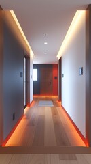 A long, narrow hallway with wood floors and red cove lighting along the base of the walls.
