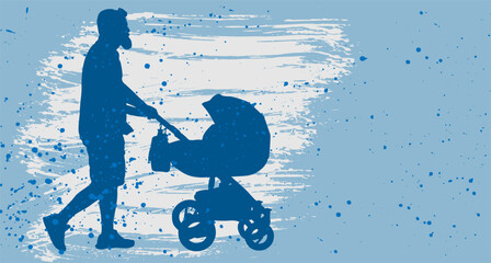 Father's day. Silhouette of happy man with infant stroller on blue background with splashes, copy space. Vector illustration.
