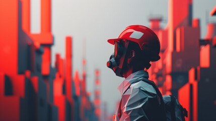 A man wearing a red hard hat and a gas mask stands in a red and gray cityscape. - obrazy, fototapety, plakaty