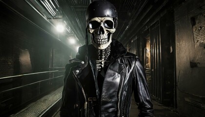 Skeleton with distinctive skull, dressed in black leather. Punk Outfit.  AI Generated - obrazy, fototapety, plakaty