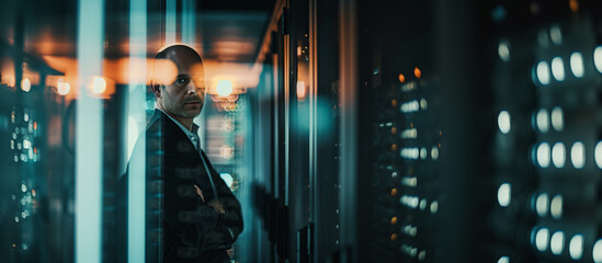 A man stands in a dark server room, gazing at a server, surrounded by hight-tech enviroment and glass walls