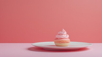 Fluffy Doughnut with Pink Creamy Frosting in a Plate