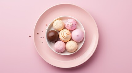A top view of pastel  French macarons inside round  plate on the pink desk