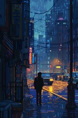 Illustrate the feeling of nostalgia and longing in a Rear View using pixel art, with a focus on creating a sense of depth and texture - obrazy, fototapety, plakaty
