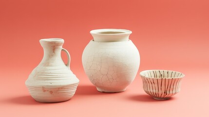 Three white ceramic vases on a pink background.
