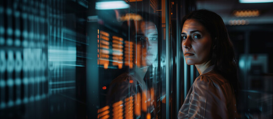 A specialist stands in a dark server room, gazing at a server, surrounded by hight-tech enviroment and glass walls
