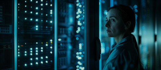 A specialist stands in a dark server room, gazing at a server, surrounded by hight-tech enviroment and glass walls