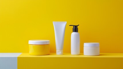 Set of cosmetic products  over  lemon yellow background