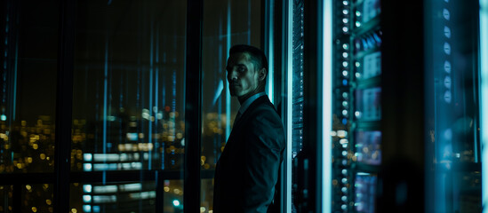 A specialist stands in a dark server room, gazing at a server, surrounded by hight-tech enviroment and glass walls