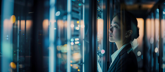 A specialist stands in a dark server room, gazing at a server, surrounded by hight-tech enviroment and glass walls