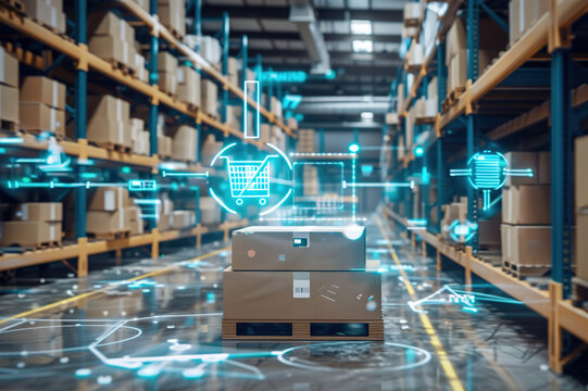 A logistics warehouse with IoT technology tracking inventory and order fulfillment processes.