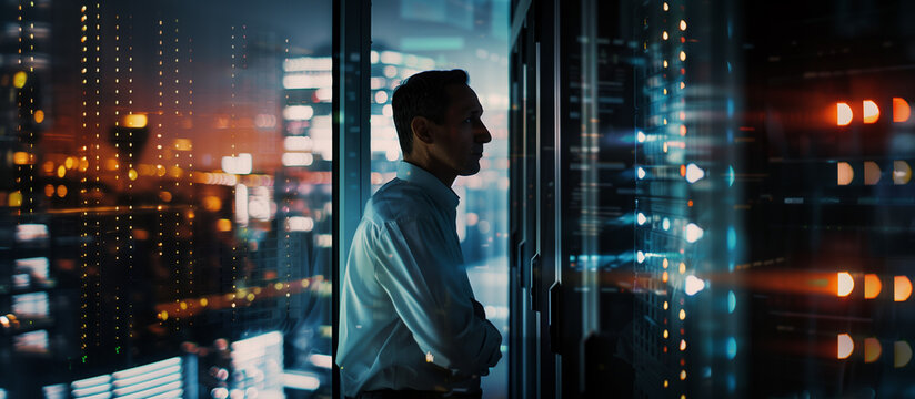 A specialist stands in a dark server room, gazing at a server, surrounded by hight-tech enviroment and glass walls