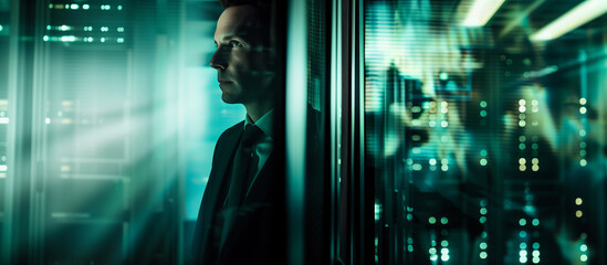 A specialist stands in a dark server room, gazing at a server, surrounded by hight-tech enviroment and glass walls