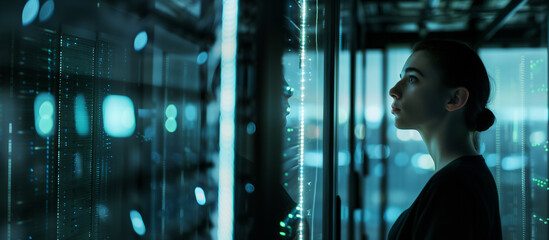 A specialist stands in a dark server room, gazing at a server, surrounded by hight-tech enviroment and glass walls