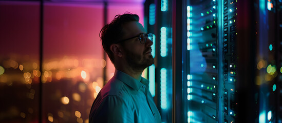 A specialist stands in a dark server room, gazing at a server, surrounded by hight-tech enviroment and glass walls
