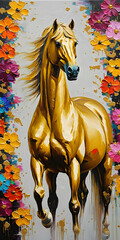 Home wall art, Oil painting with gold, horse and flowers, knife painting, paint spots and strokes, Vertical portrait orientation