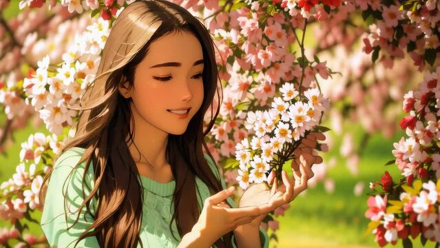 woman smelling flowers, smiling, rotoscoping seamless loop animation