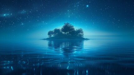 Mystical Island Glowing in Blue Light under a Starry Sky with Reflective Ocean Waters