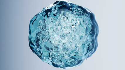 essential Oil Bubbles for cosmetics in water. blue liquid bubbles, fluid flow. Collagen, atoms...