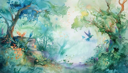 Illustrate the infectious happiness of a whimsical scene through a tilted angle watercolor painting, embracing fluidity and soft hues to evoke a sense of joy