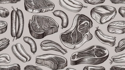 meat black white sketch seamless pattern with beef and pork