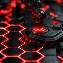 A robot arm with a red light on the end of it is hovering over a black and red hexagonal surface.