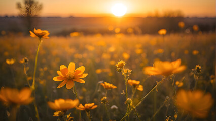 field of flowers, Golden Hour Glow Among Wildflowers