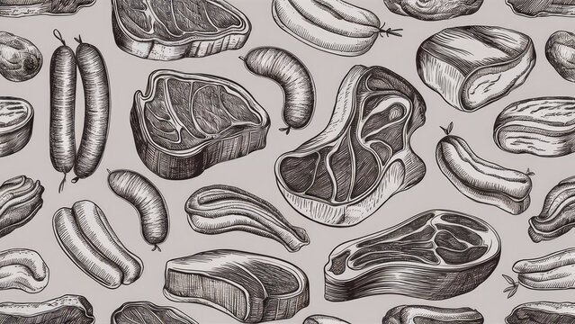 meat black white sketch seamless pattern with beef and pork