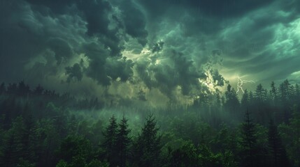 Cloudy sky casts shadows over a dark forest, creating an eerie atmosphere