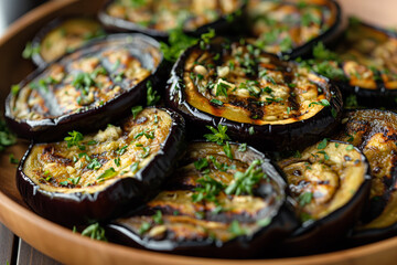 grilled eggplant with garlic and parsley, antipasti, close up