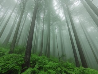 A forest with trees and a foggy sky