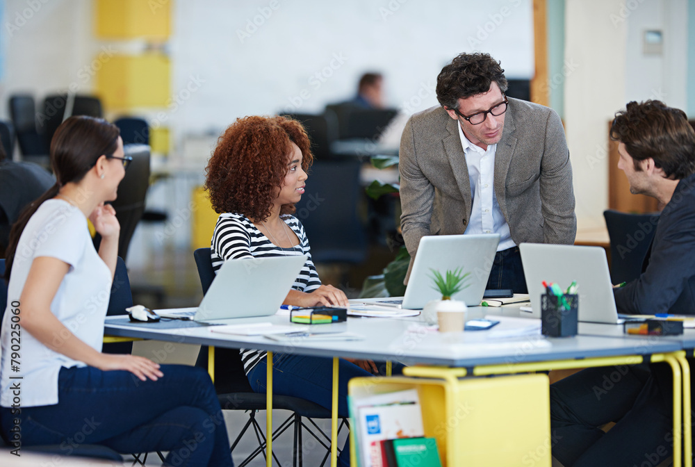 Aufkleber collaboration, business and conversation in office for brainstorming new company, workshop and inter