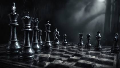 An epic illustration of a chess game. The concept of a chess game. Chess pieces on a chessboard.