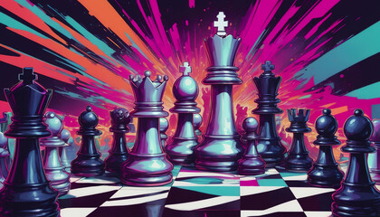 An epic illustration of a chess game. The concept of a chess game. Chess pieces on a chessboard.