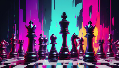 An epic illustration of a chess game. The concept of a chess game. Chess pieces on a chessboard. - obrazy, fototapety, plakaty