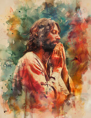 Holy Intercession: Watercolor of Jesus Praying. Spiritual Serenity: A Watercolor Depiction of Jesus' Prayer