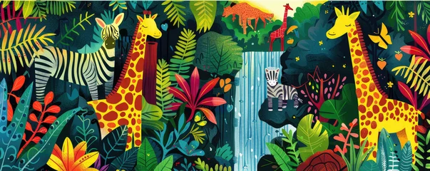 Deurstickers A vibrant jungle scene with exotic animals like zebras and giraffes, lush greenery, and waterfalls © Kien