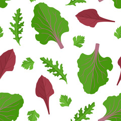 Salad leaf vegetables. Seamless pattern with arugula, beet leaves and green parsley. Food background. Vector cartoon flat illustration.