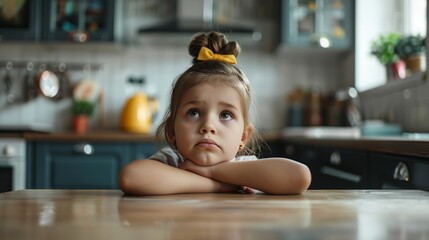 A young girl is sitting at a table in a kitchen, looking sad