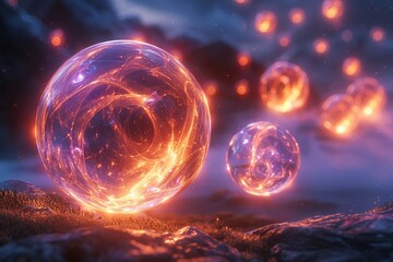 Fototapeta premium Sorcerer s orbs, floating array, twilight, ethereal orbs portrait, central composition, mystical glows, arcane array