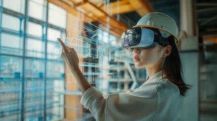 A woman wearing a white shirt and a hard hat is pointing at a computer screen