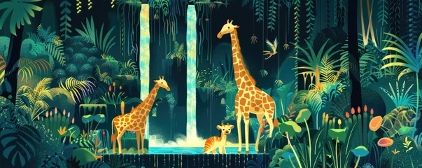 Foto op Plexiglas A vibrant jungle scene with exotic animals like zebras and giraffes, lush greenery, and waterfalls © Kien