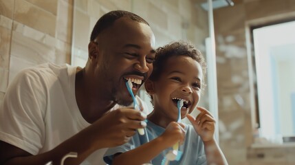A man and a child are brushing their teeth together - Powered by Adobe