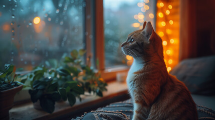 A contemplative cat, sitting by a rain-splattered window, on a woven blanket, gazing out into the evening