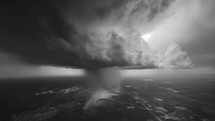 Aerial view. Black and white photography of the Intense Supercell Thunderstorm, dark with clouds. Landscapes photography. 