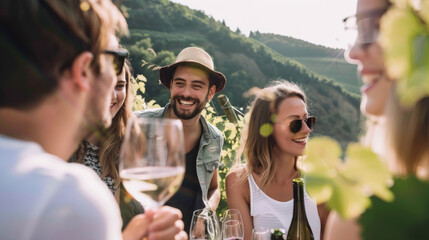 Happy tourists drinking wine on a vineyard, agritourism concept - obrazy, fototapety, plakaty