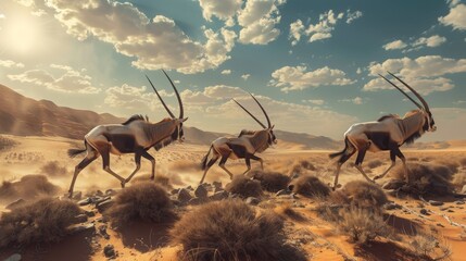 A herd of antelope gracefully roaming the grassland under the vast desert sky - obrazy, fototapety, plakaty