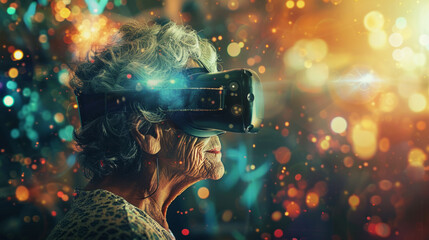 Senior woman wearing virtual reality headset in abstract space - obrazy, fototapety, plakaty
