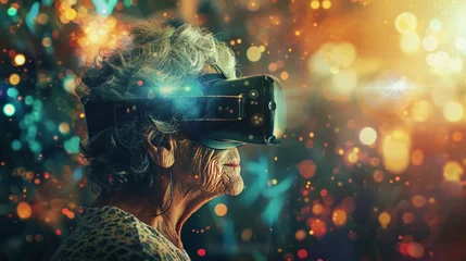 Fotobehang Senior woman wearing virtual reality headset in abstract space © Kondor83